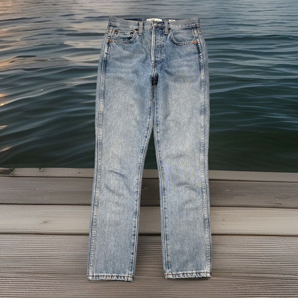 Re/Done Double Needle Crop Jeans 25 (26x26.5) Blue Button Fly Cotton Denim Women